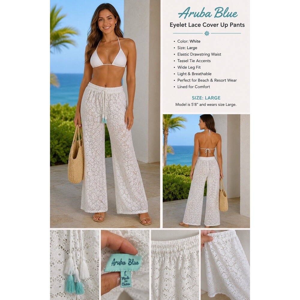 Aruba Blue White Eyelet Lace Beach Cover Up Pants Women’s Large Wide Leg